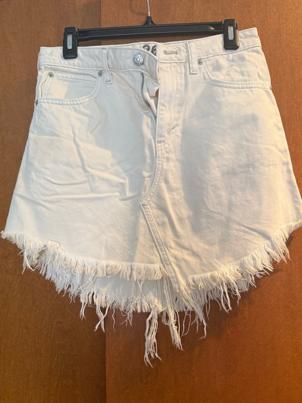Free People Cream Frayed Hem Denim Mini Skirt
